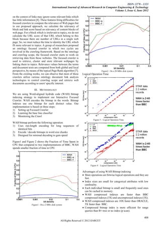 ISSN: 2278 – 1323
                                        International Journal of Advanced Research in Computer Engineering & Technology
                                                                                            Volume 1, Issue 4, June 2012

on the context of links may ignore some relevant links which
has little information [8]. These features bring difficulties for
focused crawlers to compute the relevance of Web pages but
in our proposed approach, we calculate the relevancy of
block and link score based on relevancy of content blocks of
web page. For a block which is irrelevant to topics, we do not
calculate the URL score of that URL which belong to this
block because there are number of URLs in a single web
page. So, we must reduce the time to identity the URL which
IS more relevant to topics. A group of researchers proposed
an ontology focused crawler in which two cycles are
involved in the crawling framework. Based on the ontology
and crawling scope, the focused crawler starts to work on
retrieving data from those websites. The focused crawler is
used to retrieve, cluster and store relevant webpages by
linking them to topics. Relevance values between the terms
and document texts are computed from both global and local
perspective, by means of the topical Page Rank algorithm [7].                         Figure2 : On a 20 MB/s disk system
From the existing works, we can observe that most of these          Logical Operation Time
crawlers utilize various ontology document link analysis
technologies to control crawling scope and retrieve web
documents according to users' specific interest.

                     III. METHODOLOGY
We are using Word-aligned hydride code (WAH) bitmap
indexing strategy to implement our Interactive Focused
Crawler. WAH encodes the bitmap in the words. Bitmap
indexes use one bitmap for each distinct value. Our
implementation is based on three steps:
1) Setting up Focused Crawler
2) Learning the base line classifier
3) Monitoring the Crawl
                                                                              Figure 3 : Logical Operation Time
WAH bitmap perform the following operation
1) Uses run-length encoding for long sequences of
   identical bits
2) Encode / decode bitmaps in word size chunks
3) Designed for minimal decoding to gain speed

Figure1 and Figure 2 shows the Fraction of Time Spent in
CPU that compared to two implementations of BBC, WAH
spends smaller fraction of time in CPU




                                                                           Figure 4 : Logical Operation Time

                                                                    Advantages of using WAH Bitmap indexing
                                                                     Main operations are bitwise logical operations and they are
                                                                      fast.
                                                                     Index sizes are small for categorical attributes with low
                                                                      cardinality.
                                                                     Each individual bitmap is small and frequently used ones
                                                                      can be cached in memory.
                                                                     WAH compressed indexes are faster than BBC
                                                                      compressed indexes (3X) and uncompressed indexes (3X).
                                                                     WAH compressed indexes are 10X faster than ORACLE,
                  Figure1 : On a 2 MB/s disk system                   5X faster than BBC.
                                                                     Compressed bitmap index is more efficient for range
                                                                      queries than B+-tree or no index (p scan).

                                                                                                                             408
                                                 All Rights Reserved © 2012 IJARCET
 