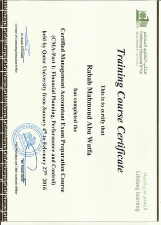 Training course certificate -CMA Part 1