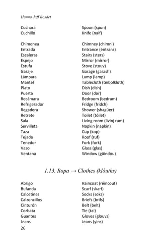 Hanna Jaff Bosdet
26
Cuchara Spoon (spun)
Cuchillo Knife (naif)
Chimenea Chimney (chimni)
Entrada Entrance (éntrans)
Escaleras Stairs (sters)
Espejo Mirror (mírror)
Estufa Stove (stouv)
Garaje Garage (garash)
Lámpara Lamp (lamp)
Mantel Tablecloth (teibolkloth)
Plato Dish (dish)
Puerta Door (dor)
Recámara Bedroom (bedrum)
Refrigerador Fridge (fridch)
Regadera Shower (shagüer)
Retrete Toilet (tóilet)
Sala Living room (livinj rum)
Servilleta Napkin (napkin)
Taza Cup (kop)
Tejado Roof (ruf)
Tenedor Fork (fork)
Vaso Glass (glas)
Ventana Window (güíndou)
1.13. Ropa → Clothes (klóuths)
Abrigo Raincoat (réincout)
Bufanda Scarf (skarf)
Calcetines Socks (soks)
Calzoncillos Briefs (brifs)
Cinturón Belt (belt)
Corbata Tie (tai)
Guantes Gloves (glouvs)
Jeans Jeans (yins)
 