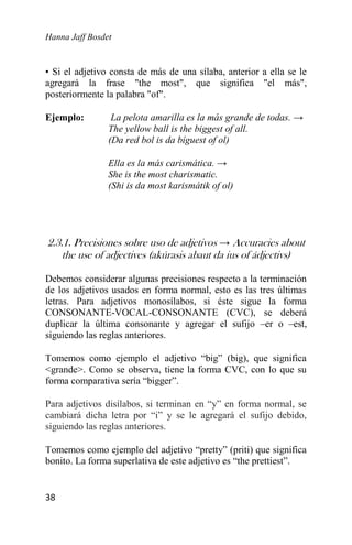 Hanna Jaff Bosdet
38
• Si el adjetivo consta de más de una sílaba, anterior a ella se le
agregará la frase "the most", que significa "el más",
posteriormente la palabra "of".
Ejemplo: La pelota amarilla es la más grande de todas. →
The yellow ball is the biggest of all.
(Da red bol is da bíguest of ol)
Ella es la más carismática. →
She is the most charismatic.
(Shi is da most karismátik of ol)
2.3.1. Precisiones sobre uso de adjetivos → Accuracies about
the use of adjectives (akúrasis abaut da ius of ádjectivs)
Debemos considerar algunas precisiones respecto a la terminación
de los adjetivos usados en forma normal, esto es las tres últimas
letras. Para adjetivos monosílabos, si éste sigue la forma
CONSONANTE-VOCAL-CONSONANTE (CVC), se deberá
duplicar la última consonante y agregar el sufijo –er o –est,
siguiendo las reglas anteriores.
Tomemos como ejemplo el adjetivo “big” (big), que significa
<grande>. Como se observa, tiene la forma CVC, con lo que su
forma comparativa sería “bigger”.
Para adjetivos disílabos, si terminan en “y” en forma normal, se
cambiará dicha letra por “i” y se le agregará el sufijo debido,
siguiendo las reglas anteriores.
Tomemos como ejemplo del adjetivo “pretty” (priti) que significa
bonito. La forma superlativa de este adjetivo es “the prettiest”.
 