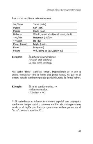 Manual básico para aprender inglés
47
Los verbos auxiliares más usados son:
Ser/Estar To be (tu bi)
Puede Can (kan)
Podría Could (kud)
Debería Would, must, shall (wud, most, shol)
*Ha/han Has/Have (jas/jav)
**Hacer Do (du)
Poder (quizá) Might (mait)
Poder May (mei)
Futuro Will, going to (güil, gouin tu)
Ejemplo: Él debería dejar de fumar. →
He shall stop smoking.
(ji chal estop smoking)
*El verbo "Have" significa "tener". Dependiendo de lo que se
quiera comunicar será la forma que pueda tomar, ya que en el
tiempo pasado continuo o pasado participio, toma la forma 'haber'.
Ejemplo: Él ya ha comido mucho. →
He has eaten a lot.
(Ji jas íten a lot).
**El verbo hacer no solemos usarlo en el español para conjugar o
resaltar un tiempo verbal o como un auxiliar, sin embargo es muy
usado en el inglés para hacer preguntas con verbos que no son el
"to be". Véase la sección 5.2.
 