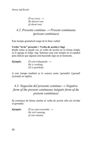 Hanna Jaff Bosdet
50
Él no corre. →
He doesn't run.
(ji dosnt ron)
4.2. Presente continuo → Present continuous
(présent contíniues)
Este tiempo gramatical surge de la frase verbal:
Verbo "to be" presente + Verbo de acción (+ing)
donde como se puede ver, al verbo de acción en su forma simple
se le agrega el sufijo -ing. Solemos usar este tiempo en el español
para indicar que alguien está haciendo algo en al momento.
Ejemplo: Él está trabajando. →
He is working.
(Ji is guórkinj)
A este tiempo también se le conoce como 'gerundio' ('gerund'
[yerond] en inglés).
4.3. Negación del presente continuo → Negative
form of the present continuous (négativ form of da
présent contíniues)
Se construye de forma similar al verbo de acción sólo sin olvidar
el gerundio.
Ejemplo: Él no está corriendo. →
He isn't running.
(ji isnt róanin)
 