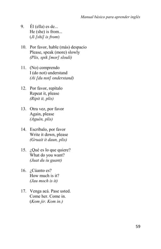 Manual básico para aprender inglés
59
9. Él (ella) es de...
He (she) is from...
(Ji [shi] is from)
10. Por favor, hable (más) despacio
Please, speak (more) slowly
(Plis, spik [mor] slouli)
11. (No) comprendo
I (do not) understand
(Ai [du not] onderstand)
12. Por favor, repítalo
Repeat it, please
(Ripit it, plis)
13. Otra vez, por favor
Again, please
(Aguén, plis)
14. Escríbalo, por favor
Write it down, please
(Gruait it daun, plis)
15. ¿Qué es lo que quiere?
What do you want?
(Juat du iu guant)
16. ¿Cúanto es?
How much is it?
(Jau moch is it)
17. Venga acá. Pase usted.
Come her. Come in.
(Kom jir. Kom in.)
 