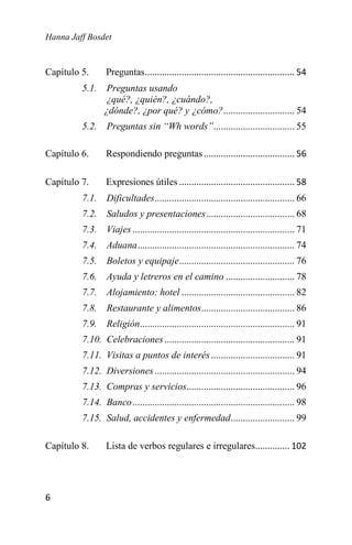Hanna Jaff Bosdet
6
Capítulo 5. Preguntas............................................................. 54
5.1. Preguntas usando
¿qué?, ¿quién?, ¿cuándo?,
¿dónde?, ¿por qué? y ¿cómo?............................. 54
5.2. Preguntas sin “Wh words”................................. 55
Capítulo 6. Respondiendo preguntas..................................... 56
Capítulo 7. Expresiones útiles ............................................... 58
7.1. Dificultades......................................................... 66
7.2. Saludos y presentaciones.................................... 68
7.3. Viajes .................................................................. 71
7.4. Aduana................................................................ 74
7.5. Boletos y equipaje............................................... 76
7.6. Ayuda y letreros en el camino ............................ 78
7.7. Alojamiento: hotel .............................................. 82
7.8. Restaurante y alimentos...................................... 86
7.9. Religión............................................................... 91
7.10. Celebraciones..................................................... 91
7.11. Visitas a puntos de interés.................................. 91
7.12. Diversiones......................................................... 94
7.13. Compras y servicios............................................ 96
7.14. Banco.................................................................. 98
7.15. Salud, accidentes y enfermedad.......................... 99
Capítulo 8. Lista de verbos regulares e irregulares.............. 102
 
