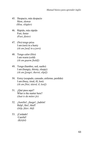 Manual básico para aprender inglés
63
45. Despacio, más despacio
Slow, slower
(Slou, slógüer)
46. Rápido, más rápido
Fast, faster
(Fast, fáster)
47. (No) tengo prisa
I am (not) in a hurry
(Ai em [not] in a jorri)
48. Tengo calor (frío)
I am warm (cold)
(Ai em guarm [kold])
49. Tengo (hambre, sed, sueño)
I am (hungry, thirsty, sleepy)
(Ai em [jongri, thersti, slipi])
50. Estoy (ocupado, cansado, enfermo, perdido)
I am (busy, tired, ill, lost)
(Ai em [bisi, táierd, il, lost])
51. ¿Qué pasa aquí?
What is the matter here?
(Juat is da máter jir)
52. ¡Auxilio!, ¡fuego!, ¡ladrón!
Help!, fire!, thief!
(Jelp, fáier, thif)
53. ¡Cuidado!
Careful!
(Kérfol)
 