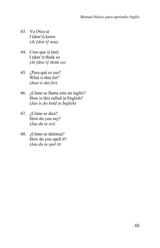 Manual básico para aprender inglés
65
63. Yo (No) sé
I (don’t) know
(Ai [don’t] nou)
64. Creo que sí (no)
I (don’t) think so
(Ai [don’t] think so)
65. ¿Para qué es eso?
What is that for?
(Juat is dat for)
66. ¿Cómo se llama esto en inglés?
How is this called in English?
(Jau is dis kold in Ínglish)
67. ¿Cómo se dice?
How do you say?
(Jau du iu sei)
68. ¿Cómo se deletrea?
How do you spell it?
(Jau du iu spel it)
 