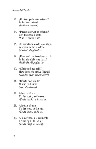 Hanna Jaff Bosdet
72
113. ¿Está ocupado este asiento?
Is this seat taken?
(Is dis sit teiquen)
114. ¿Puedo reservar un asiento?
Can I reserve a seat?
(Kan Ai riserv a sit)
115. Un asiento cerca de la ventana
A seat near the window
(A sit nir da güíndou)
116. ¿Es éste el camino direct a…?
Is this the right way to…?
(Is dis da ráigt güei tu)
117. ¿Cómo se llega (allí)?
How does one arrive (there)?
(Jau dos guan arraiv [der])
118. ¿Dónde doy vuelta?
Where do I turn?
(Jüer du ai torn)
119. Al norte, al sur
To the north, to the south
(Tu da north, tu da sauth)
120. Al oeste, al este
To the west, to the east
(Tu da güest, tu da ist)
121. A la derecha, a la izquierda
To the right, to the left
(Tu da ráigt, tu da left)
 