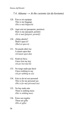 Hanna Jaff Bosdet
74
7.4. Aduana → At the customs (at da kostums)
128. Éste es mi equipaje
This is my baggage
(Dis is mai báguech)
129. Aquí está mi (pasaporte, permiso)
Here is my (passport, permit)
(Jir is mai [pásport, permit])
130. ¿Debo abrirlo?
Shall I open it?
(Shol ai open it)
131. No puedo abrir ése
I cannot open that
(Ai kanot open dat)
132. Perdí mi llave
I have lost my key
(Ai jav lost mai ki)
133. No tengo nada qué decir
I have nothing to say
(Ai jav nóthing tu sei)
134. Esto es de mi uso personal
This is for my personal use
(Dis is for mai pérsonal ius)
135. No hay nada más
There is nothing more
(Der is nóthing mor)
136. Éstos son regalos
These are gifts
(Dis ar gifts)
 