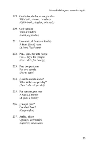 Manual básico para aprender inglés
83
199. Con baño, ducha, cama gemelas
With bath, shower, twin beds
(Güith bath, shagüer, tuin beds)
200. Con ventana
With a window
(Güith a güindou)
201. Un cuarto al frente (al fondo)
A front (back) room
(A front [bak] rum)
202. Por... días, por esta noche
For… days, for tonight
(For... deis, for tunaigt)
203. Para dos personas
For two people
(For tu pípol)
204. ¿Cuánto cuesta al día?
What is the rate per day?
(Juat is da reit per dei)
205. Por semana, por mes
A week, a month
(A güik, a month)
206. ¿En qué piso?
On what floor?
(On juat flor)
207. Arriba, abajo
Upstairs, downstairs
(Ópsteirs, daunsteirs)
 