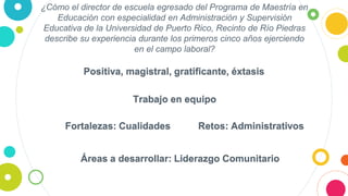 ¿Cómo el director de escuela egresado del Programa de Maestría en
Educación con especialidad en Administración y Supervisión
Educativa de la Universidad de Puerto Rico, Recinto de Río Piedras
describe su experiencia durante los primeros cinco años ejerciendo
en el campo laboral?
Positiva, magistral, gratificante, éxtasis
Retos: Administrativos
Trabajo en equipo
Fortalezas: Cualidades
Áreas a desarrollar: Liderazgo Comunitario
 