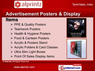 Advertising Posters
     PPE Posters
     Quality Posters
     5S Posters
     Teamwork Posters
     Health & Hygiene Posters
     Food & Canteen Posters
     Motivational Posters
     Energy Saving Posters
 