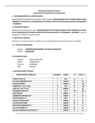 ESPECIFICACIONES TECNICAS
ADQUISICION DE EQUIPOS DE SEGURIDAD
1.- DENOMINACIÓN DE LA CONTRATACION:
ADQUISICION DE ADQUISICION DE BIENES PARA LA OBRA “MANTENIMIENTO DE VIVIENDA MEDICA PARA
PERSONAL DE SALUD EN LA COMUNIDAD DE PATARIO, DISTRITO DE CHALLHUAHUACHO, COTABAMBAS
- APURIMAC”.
2.- FINALIDAD PÚBLICA.
Adquisición de bienes para la obra “MANTENIMIENTO DE VIVIENDA MEDICA PARA PERSONAL DE SALUD
EN LA COMUNIDAD DE PATARIO, DISTRITO DE CHALLHUAHUACHO, COTABAMBAS - APURIMAC”, para los
trabajos de instalación sanitaria en obra.
3.- OBJETO DEL PROCESO.
Seleccionar a la persona natural o jurídica que se responsabilizará de proveer los bienes requeridos.
4.1.- ENTIDAD CONVOCANTE
Nombre : MUNICIPALIDAD DISTRITAL DE CHALLHUAHUACHO
RUC N° : 20288774553
4.2 DOMICILIO LEGAL
Dirección : Plaza de Armas S/N
Distrito : challhuahuacho
Provincia : cotabambas
Dpto. : Apurimac
5.- ESPECIFICACIONES TECNICAS
DESCRIPCION DEL PRODUCTO CANTIDAD UNIDAD P.U. TOTAL S/.
UNION PVC SAP 1/2 2 UND 1.5 3
VALVULA COMPUERTA DE 1/2" 3 UNIDAD 30 90
DUCHA ELECTRICA 2 UNIDAD 77 154
TUBERIA PVC - SAL 4" X 3M 14 UND 25 350
CODO PVC - SAL 4" X 45° 4 UNIDAD 7 28
PEGAMENTO PARA PVC 2 GLN 100 200
CINTA TEFLON 6 UNIDAD 1 6
SUMIDERO DE BRONCE DE 2" 4 UNIDAD 14 56
TEE PVC-SAP S/P 1/2" 6 UND 1 6
PISTOLA PARA SILICONA 1 UNIDAD 20 20
LLAVE DE LAVATORIO 2 UNIDAD 35 70
REGISTRO DE BRONCE DE 4 " 1 UNIDAD 17 17
VALVULA ESFERICA 2" 1 UNIDAD 44 44
VALVULA CROMADA DE DUCHA DE 1/2" 2 UNIDAD 12 24
 