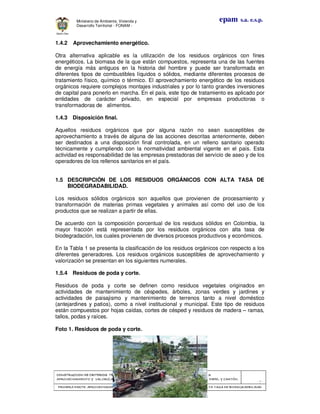 CONSTRUCCION DE CRITERIOS TÉCNICOS PARA ELCONSTRUCCION DE CRITERIOS TÉCNICOS PARA ELCONSTRUCCION DE CRITERIOS TÉCNICOS PARA ELCONSTRUCCION DE CRITERIOS TÉCNICOS PARA EL
APROVECHAMIENTO Y VALORAPROVECHAMIENTO Y VALORAPROVECHAMIENTO Y VALORAPROVECHAMIENTO Y VALORIZACIÓN DE RESIDUOD SÓLIDOS.IZACIÓN DE RESIDUOD SÓLIDOS.IZACIÓN DE RESIDUOD SÓLIDOS.IZACIÓN DE RESIDUOD SÓLIDOS.
Manual 3:Manual 3:Manual 3:Manual 3:
RESIDUOS ORGÁNICOS, PAPEL Y CARTÓN.RESIDUOS ORGÁNICOS, PAPEL Y CARTÓN.RESIDUOS ORGÁNICOS, PAPEL Y CARTÓN.RESIDUOS ORGÁNICOS, PAPEL Y CARTÓN.
- 9 -
PRIMERA PARTE: APROVECHAMIENTO Y VALORIZACIÓN DE RESIDUOS ORGANICOS CON ALTAPRIMERA PARTE: APROVECHAMIENTO Y VALORIZACIÓN DE RESIDUOS ORGANICOS CON ALTAPRIMERA PARTE: APROVECHAMIENTO Y VALORIZACIÓN DE RESIDUOS ORGANICOS CON ALTAPRIMERA PARTE: APROVECHAMIENTO Y VALORIZACIÓN DE RESIDUOS ORGANICOS CON ALTA TASA DE BIODEGRADBILIDADTASA DE BIODEGRADBILIDADTASA DE BIODEGRADBILIDADTASA DE BIODEGRADBILIDAD
epam s.a. e.s.p.Ministerio de Ambiente, Vivienda y
Desarrollo Territorial - FONAM -
1.4.2 Aprovechamiento energético.
Otra alternativa aplicable es la utilización de los residuos orgánicos con fines
energéticos. La biomasa de la que están compuestos, representa una de las fuentes
de energía más antiguos en la historia del hombre y puede ser transformada en
diferentes tipos de combustibles líquidos o sólidos, mediante diferentes procesos de
tratamiento físico, químico o térmico. El aprovechamiento energético de los residuos
orgánicos requiere complejos montajes industriales y por lo tanto grandes inversiones
de capital para ponerlo en marcha. En el país, este tipo de tratamiento es aplicado por
entidades de carácter privado, en especial por empresas productoras o
transformadoras de alimentos.
1.4.3 Disposición final.
Aquellos residuos orgánicos que por alguna razón no sean susceptibles de
aprovechamiento a través de alguna de las acciones descritas anteriormente, deben
ser destinados a una disposición final controlada, en un relleno sanitario operado
técnicamente y cumpliendo con la normatividad ambiental vigente en el país. Esta
actividad es responsabilidad de las empresas prestadoras del servicio de aseo y de los
operadores de los rellenos sanitarios en el país.
1.5 DESCRIPCIÓN DE LOS RESIDUOS ORGÁNICOS CON ALTA TASA DE
BIODEGRADABILIDAD.
Los residuos sólidos orgánicos son aquellos que provienen de procesamiento y
transformación de materias primas vegetales y animales así como del uso de los
productos que se realizan a partir de ellas.
De acuerdo con la composición porcentual de los residuos sólidos en Colombia, la
mayor fracción está representada por los residuos orgánicos con alta tasa de
biodegradación, los cuales provienen de diversos procesos productivos y económicos.
En la Tabla 1 se presenta la clasificación de los residuos orgánicos con respecto a los
diferentes generadores. Los residuos orgánicos susceptibles de aprovechamiento y
valorización se presentan en los siguientes numerales.
1.5.4 Residuos de poda y corte.
Residuos de poda y corte se definen como residuos vegetales originados en
actividades de mantenimiento de céspedes, árboles, zonas verdes y jardines y
actividades de paisajismo y mantenimiento de terrenos tanto a nivel doméstico
(antejardines y patios), como a nivel institucional y municipal. Este tipo de residuos
están compuestos por hojas caídas, cortes de césped y residuos de madera – ramas,
tallos, podas y raíces.
Foto 1. Residuos de poda y corte.
 