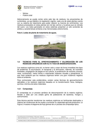 CONSTRUCCION DE CRITERIOS TÉCNICOS PARA ELCONSTRUCCION DE CRITERIOS TÉCNICOS PARA ELCONSTRUCCION DE CRITERIOS TÉCNICOS PARA ELCONSTRUCCION DE CRITERIOS TÉCNICOS PARA EL
APROVECHAMIENTO Y VALORAPROVECHAMIENTO Y VALORAPROVECHAMIENTO Y VALORAPROVECHAMIENTO Y VALORIZACIÓN DE RESIDUOD SÓLIDOS.IZACIÓN DE RESIDUOD SÓLIDOS.IZACIÓN DE RESIDUOD SÓLIDOS.IZACIÓN DE RESIDUOD SÓLIDOS.
Manual 3:Manual 3:Manual 3:Manual 3:
RESIDUOS ORGÁNICOS, PAPEL Y CARTÓN.RESIDUOS ORGÁNICOS, PAPEL Y CARTÓN.RESIDUOS ORGÁNICOS, PAPEL Y CARTÓN.RESIDUOS ORGÁNICOS, PAPEL Y CARTÓN.
- 13 -
PRIMERA PARTE: APROVECHAMIENTO Y VALORIZACIÓN DE RESIDUOS ORGANICOS CON ALTAPRIMERA PARTE: APROVECHAMIENTO Y VALORIZACIÓN DE RESIDUOS ORGANICOS CON ALTAPRIMERA PARTE: APROVECHAMIENTO Y VALORIZACIÓN DE RESIDUOS ORGANICOS CON ALTAPRIMERA PARTE: APROVECHAMIENTO Y VALORIZACIÓN DE RESIDUOS ORGANICOS CON ALTA TASA DE BIODEGRADBILIDADTASA DE BIODEGRADBILIDADTASA DE BIODEGRADBILIDADTASA DE BIODEGRADBILIDAD
epam s.a. e.s.p.Ministerio de Ambiente, Vivienda y
Desarrollo Territorial - FONAM -
- Nitritos
- Fósforo total
Adicionalmente se puede contar entre este tipo de residuos, los provenientes de
curtiembres, ya que debido a la legislación vigente, cada una de estas plantas cuenta
con su sistema de tratamiento para poder obtener su licencia de vertimientos. Los
residuos procesados en estas plantas son de tipo cárnico y la pelusa que es retirada
del cuero. Los lodos generados en estos sistemas presentan un alto contenido de
sólidos y características similares a las mencionadas anteriormente.
Foto 6. Lodos de planta de tratamiento de aguas.
1.6 TECNICAS PARA EL APROVECHAMIENTO Y VALORIZACIÓN DE LOS
RESIDUOS ORGÁNICOS CON ALTA TASA DE BIODEGRADACIÓN.
Los residuos orgánicos como tal, no tienen valor y crean de forma inmediata tres tipos
de problemas: la acumulación, el transporte y la eliminación. Además, de incendios
forestales, propagación de plagas en los cultivos, la proliferación de vectores (moscas,
ratas, cucarachas), malos olores e importantes impactos visuales y paisajísticos, lo
que hace evidente que los residuos orgánicos tienen una gran incidencia negativa
sobre el ambiente.
Para contrarrestar esta problemática, existen varias técnicas de aprovechamiento
aplicables a los residuos orgánicos basados en la transformación física, biológica,
química o térmica de estos materiales.
1.6.1 Compostaje.
El compostaje es un proceso aeróbico de descomposición de la materia orgánica,
llevado a cabo por una amplia gama de poblaciones de bacterias, hongos y
actinomicetos.
Esta técnica permite transformar los residuos orgánicos en fertilizantes destinados a
mejorar las condiciones de los suelos y aumentar su capacidad agrícola productiva. La
Figura 2 muestra el diagrama de flujo general de un proceso de compostaje típico.
 