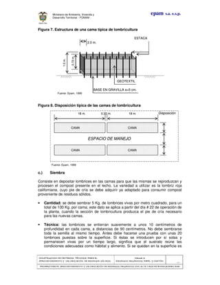 CONSTRUCCION DE CRITERIOS TÉCNICOS PARA ELCONSTRUCCION DE CRITERIOS TÉCNICOS PARA ELCONSTRUCCION DE CRITERIOS TÉCNICOS PARA ELCONSTRUCCION DE CRITERIOS TÉCNICOS PARA EL
APROVECHAMIENTO Y VALORAPROVECHAMIENTO Y VALORAPROVECHAMIENTO Y VALORAPROVECHAMIENTO Y VALORIZACIÓN DE RESIDUOD SÓLIDOS.IZACIÓN DE RESIDUOD SÓLIDOS.IZACIÓN DE RESIDUOD SÓLIDOS.IZACIÓN DE RESIDUOD SÓLIDOS.
Manual 3:Manual 3:Manual 3:Manual 3:
RESIDUOS ORGÁNICOS, PAPEL Y CARTÓN.RESIDUOS ORGÁNICOS, PAPEL Y CARTÓN.RESIDUOS ORGÁNICOS, PAPEL Y CARTÓN.RESIDUOS ORGÁNICOS, PAPEL Y CARTÓN.
- 29 -
PRIMERA PARTE: APROVECHAMIENTO Y VALORIZACIÓN DE RESIDUOS ORGANICOS CON ALTAPRIMERA PARTE: APROVECHAMIENTO Y VALORIZACIÓN DE RESIDUOS ORGANICOS CON ALTAPRIMERA PARTE: APROVECHAMIENTO Y VALORIZACIÓN DE RESIDUOS ORGANICOS CON ALTAPRIMERA PARTE: APROVECHAMIENTO Y VALORIZACIÓN DE RESIDUOS ORGANICOS CON ALTA TASA DE BIODEGRADBILIDADTASA DE BIODEGRADBILIDADTASA DE BIODEGRADBILIDADTASA DE BIODEGRADBILIDAD
epam s.a. e.s.p.Ministerio de Ambiente, Vivienda y
Desarrollo Territorial - FONAM -
Figura 7. Estructura de una cama típica de lombricultura
Fuente: Epam, 1999
Figura 8. Disposición típica de las camas de lombricultura
Fuente: Epam, 1999
c.) Siembra
Consiste en depositar lombrices en las camas para que las mismas se reproduzcan y
procesen el compost presente en el lecho. La variedad a utilizar es la lombriz roja
californiana, cuyo pie de cría se debe adquirir ya adaptado para consumir compost
proveniente de residuos sólidos.
• Cantidad: se debe sembrar 5 Kg. de lombrices vivas por metro cuadrado, para un
total de 100 Kg. por cama; este dato se aplica a partir del día # 22 de operación de
la planta, cuando la sección de lombricultura produzca el pie de cría necesario
para las nuevas camas.
• Técnica: las lombrices se entierran suavemente a unos 10 centímetros de
profundidad en cada cama, a distancias de 90 centímetros. No debe sembrarse
toda la semilla al mismo tiempo. Antes debe hacerse una prueba con unas 20
lombrices puestas sobre la superficie. Si éstas se introducen por sí solas y
permanecen vivas por un tiempo largo, significa que el sustrato reúne las
condiciones adecuadas como hábitat y alimento. Si se quedan en la superficie es
ESTACA
GEOTEXTIL
BASE EN GRAVILLA e=5 cm.
2.0 m.
0.70m.
1.0m.
ESTACA
GEOTEXTIL
BASE EN GRAVILLA e=5 cm.
2.0 m.
0.70m.
1.0m.
Disposición18 m. 18 m.0.20 m.
ESPACIO DE MANEJO
CAMA CAMA
CAMA CAMA
Disposición18 m. 18 m.0.20 m.
ESPACIO DE MANEJO
CAMA CAMA
CAMA CAMA
18 m. 18 m.0.20 m.
ESPACIO DE MANEJO
CAMA CAMA
CAMA CAMA
 