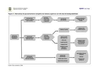 epam s.a. e.s.p.Ministerio de Ambiente, Vivienda y
Desarrollo Territorial - FONAM -
Figura 11. Alternativas de aprovechamiento energético de residuos orgánicos con alta tasa de biodegradabilidad.
Fuente: Esta consultaría. 2008
EXTRACCIÓN
(Residuos vegetales
post-cosecha)
PROCESOS
BIOQUÍMICOS
(Biomasa húmeda)
RESIDUOS
ORGÁNICOS
(BIOMASA)
PROCESOS
TERMOQUÍMICOS
(Biomasa seca)
• SECADO
• MOLIENDA
• ASTILLADO
• TAMIZADO
DESTILACIÓN
DESTRUCTIVA
PIRÓLISIS
GASIFICACIÓN
COMBUSTIÓN
FERMENTACIÓN
SECADO Y
EXTRUSIÓN
ADICIÓN DE
SOLVENTES
HIDROCARBUROS Y
COMPUESTOS
AFINES.
• SECADO
• MOLIENDA
• ASTILLADO
• TAMIZADO
ENERGÍA PARA
PRODUCCIÓN
ELECTRICIDAD,
CALOR, ETC.
DIGESTION
ANAERÓBIA
HIDRÓLISIS ÁCIDA
DIGESTIÓN AEROBIA
BIOCOMBUSTIBLES
LÍQUIDOS
BIOGAS
PRODUCTOS
QUÍMICOS
COMPACTACIÓN
PRODUCTOS
COMBUSTIBLES
 