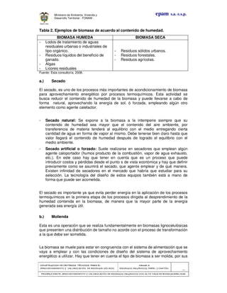 CONSTRUCCION DE CRITERIOS TÉCNICOS PARA ELCONSTRUCCION DE CRITERIOS TÉCNICOS PARA ELCONSTRUCCION DE CRITERIOS TÉCNICOS PARA ELCONSTRUCCION DE CRITERIOS TÉCNICOS PARA EL
APROVECHAMIENTO Y VALORIZACIÓN DE RESIDUOD SÓLIDOS.APROVECHAMIENTO Y VALORIZACIÓN DE RESIDUOD SÓLIDOS.APROVECHAMIENTO Y VALORIZACIÓN DE RESIDUOD SÓLIDOS.APROVECHAMIENTO Y VALORIZACIÓN DE RESIDUOD SÓLIDOS.
Manual 3:Manual 3:Manual 3:Manual 3:
RESIDUOS ORGÁNICOS, PAPEL Y CARTÓN.RESIDUOS ORGÁNICOS, PAPEL Y CARTÓN.RESIDUOS ORGÁNICOS, PAPEL Y CARTÓN.RESIDUOS ORGÁNICOS, PAPEL Y CARTÓN.
- 36 -
PRIMERA PARTE: APROVECHAMIENTO Y VALORIZACIÓN DE RESIDUOS ORGANICOS CON ALTA TASA DE BIODEGRADBILIDADPRIMERA PARTE: APROVECHAMIENTO Y VALORIZACIÓN DE RESIDUOS ORGANICOS CON ALTA TASA DE BIODEGRADBILIDADPRIMERA PARTE: APROVECHAMIENTO Y VALORIZACIÓN DE RESIDUOS ORGANICOS CON ALTA TASA DE BIODEGRADBILIDADPRIMERA PARTE: APROVECHAMIENTO Y VALORIZACIÓN DE RESIDUOS ORGANICOS CON ALTA TASA DE BIODEGRADBILIDAD
epam s.a. e.s.p.Ministerio de Ambiente, Vivienda y
Desarrollo Territorial - FONAM -
Tabla 2. Ejemplos de biomasa de acuerdo al contenido de humedad.
Fuente: Esta consultoría. 2008.
a.) Secado
El secado, es uno de los procesos más importantes de acondicionamiento de biomasa
para aprovechamiento energético por procesos termoquímicos. Esta actividad se
busca reducir el contenido de humedad de la biomasa y puede llevarse a cabo de
forma natural, aprovechando la energía de sol, ó forzada, empleando algún otro
elemento como agente calefactor.
- Secado natural: Se expone a la biomasa a la intemperie siempre que su
contenido de humedad sea mayor que el contenido del aire ambiente, por
transferencia de materia tenderá al equilibrio con el medio entregando cierta
cantidad de agua en forma de vapor al mismo. Debe tenerse bien claro hasta que
valor llegará el contenido de humedad después de logrado el equilibrio con el
medio ambiente.
- Secado artificial o forzado: Suele realizarse en secadores que emplean algún
agente caloportador (humos producto de la combustión, vapor de agua exhausto,
etc.). En este caso hay que tener en cuenta que es un proceso que puede
introducir costos y pérdidas desde el punto s de vista económica y hay que definir
previamente como se asumirá el secado, que agente emplear y de qué manera.
Existen infinidad de secadores en el mercado que habría que estudiar para su
selección. La tecnología del diseño de estos equipos también está a mano de
forma que puede ser acometida.
El secado es importante ya que evita perder energía en la aplicación de los procesos
termoquímicos en la primera etapa de los procesos dirigida al desprendimiento de la
humedad contenida en la biomasa, de manera que la mayor parte de la energía
generada sea energía útil.
b.) Molienda
Esta es una operación que se realiza fundamentalmente en biomasas lignocelulósicas
que presenten una distribución de tamaño no acorde con el proceso de transformación
a la que debe ser sometida.
La biomasa se muele para estar en congruencia con el sistema de alimentación que se
vaya a emplear y con las condiciones de diseño del sistema de aprovechamiento
energético a utilizar. Hay que tener en cuenta el tipo de biomasa a ser molida, por sus
BIOMASA HUMEDA BIOMASA SECA
- Lodos de tratamiento de aguas
residuales urbanas o industriales de
tipo orgánico.
- Residuos líquidos del beneficio de
ganado.
- Algas
- Licores residuales
- Residuos sólidos urbanos.
- Residuos forestales.
- Residuos agrícolas.
 