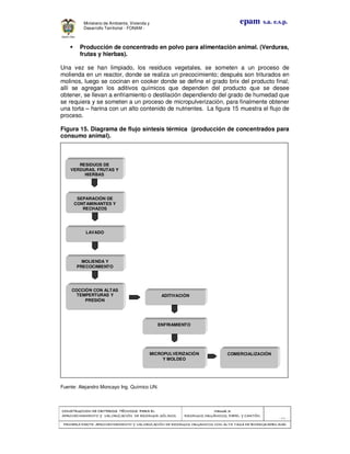 CONSTRUCCION DE CRITERIOS TÉCNICOS PARA ELCONSTRUCCION DE CRITERIOS TÉCNICOS PARA ELCONSTRUCCION DE CRITERIOS TÉCNICOS PARA ELCONSTRUCCION DE CRITERIOS TÉCNICOS PARA EL
APROVECHAMIENTO Y VALORIZACIÓN DE RESIDUOD SÓLIDOS.APROVECHAMIENTO Y VALORIZACIÓN DE RESIDUOD SÓLIDOS.APROVECHAMIENTO Y VALORIZACIÓN DE RESIDUOD SÓLIDOS.APROVECHAMIENTO Y VALORIZACIÓN DE RESIDUOD SÓLIDOS.
Manual 3:Manual 3:Manual 3:Manual 3:
RESIDUOS ORGÁNICOS, PAPEL Y CARTÓN.RESIDUOS ORGÁNICOS, PAPEL Y CARTÓN.RESIDUOS ORGÁNICOS, PAPEL Y CARTÓN.RESIDUOS ORGÁNICOS, PAPEL Y CARTÓN.
- 43 -
PRIMERA PARTE: APROVECHAMIENTO Y VALORIZACIÓN DE RESIDUOS ORGANICOS CON ALTA TASA DE BIODEGRADBILIDADPRIMERA PARTE: APROVECHAMIENTO Y VALORIZACIÓN DE RESIDUOS ORGANICOS CON ALTA TASA DE BIODEGRADBILIDADPRIMERA PARTE: APROVECHAMIENTO Y VALORIZACIÓN DE RESIDUOS ORGANICOS CON ALTA TASA DE BIODEGRADBILIDADPRIMERA PARTE: APROVECHAMIENTO Y VALORIZACIÓN DE RESIDUOS ORGANICOS CON ALTA TASA DE BIODEGRADBILIDAD
epam s.a. e.s.p.Ministerio de Ambiente, Vivienda y
Desarrollo Territorial - FONAM -
Producción de concentrado en polvo para alimentación animal. (Verduras,
frutas y hierbas).
Una vez se han limpiado, los residuos vegetales, se someten a un proceso de
molienda en un reactor, donde se realiza un precocimiento; después son triturados en
molinos, luego se cocinan en cooker donde se define el grado brix del producto final;
allí se agregan los aditivos químicos que dependen del producto que se desee
obtener, se llevan a enfriamiento o destilación dependiendo del grado de humedad que
se requiera y se someten a un proceso de micropulverización, para finalmente obtener
una torta – harina con un alto contenido de nutrientes. La figura 15 muestra el flujo de
proceso.
Figura 15. Diagrama de flujo síntesis térmica (producción de concentrados para
consumo animal).
Fuente: Alejandro Moncayo Ing. Químico UN.
SEPARACIÓN DE
CONTAMINANTES Y
RECHAZOS
MOLIENDA Y
PRECOCIMIENTO
ADITIVACIÓN
COCCIÓN CON ALTAS
TEMPERTURAS Y
PRESIÓN
LAVADO
COMERCIALIZACIÓN
ENFRIAMIENTO
MICROPULVERIZACIÓN
Y MOLDEO
RESIDUOS DE
VERDURAS, FRUTAS Y
HIERBAS
 