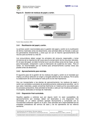 CONSTRUCCION DE CRITERIOS TÉCNICOS PARA ELCONSTRUCCION DE CRITERIOS TÉCNICOS PARA ELCONSTRUCCION DE CRITERIOS TÉCNICOS PARA ELCONSTRUCCION DE CRITERIOS TÉCNICOS PARA EL
APROVECHAMIENTO Y VALORIZACIÓN DE RESIDUOD SÓLIDOS.APROVECHAMIENTO Y VALORIZACIÓN DE RESIDUOD SÓLIDOS.APROVECHAMIENTO Y VALORIZACIÓN DE RESIDUOD SÓLIDOS.APROVECHAMIENTO Y VALORIZACIÓN DE RESIDUOD SÓLIDOS.
Manual 3:Manual 3:Manual 3:Manual 3:
RESIDUOS ORGÁNICOS, PAPEL Y CARTÓN.RESIDUOS ORGÁNICOS, PAPEL Y CARTÓN.RESIDUOS ORGÁNICOS, PAPEL Y CARTÓN.RESIDUOS ORGÁNICOS, PAPEL Y CARTÓN.
- 63 -
PRIMERA PARTE: APROVECHAMIENTO Y VALORIZACIÓN DE RESIDUOS ORGANICOS CON ALTA TASA DE BIODEGRADBILIDADPRIMERA PARTE: APROVECHAMIENTO Y VALORIZACIÓN DE RESIDUOS ORGANICOS CON ALTA TASA DE BIODEGRADBILIDADPRIMERA PARTE: APROVECHAMIENTO Y VALORIZACIÓN DE RESIDUOS ORGANICOS CON ALTA TASA DE BIODEGRADBILIDADPRIMERA PARTE: APROVECHAMIENTO Y VALORIZACIÓN DE RESIDUOS ORGANICOS CON ALTA TASA DE BIODEGRADBILIDAD
epam s.a. e.s.p.Ministerio de Ambiente, Vivienda y
Desarrollo Territorial - FONAM -
Figura 21. Gestión de residuos de papel y cartón.
Fuente: Esta consultoría. 2008.
2.4.1 Reutilización del papel y cartón.
La primera acción recomendada para la gestión del papel y cartón es la reutilización
de dichos materiales antes de desecharlos, esta actividad debe ser llevada a cabo por
los generadores directamente, y tiene que ver con el máximo aprovechamiento del
recurso para aumentar su vida útil.
Los consumidores deben acoger los principios del consumo responsable y tomar
conciencia de la importancia del reuso para la conservación de los recursos naturales.
En el caso del papel, se debe fomentar es el uso de ambas caras de las hojas, ya sea
para fotocopiado, reimpresión o para la fabricación de cuadernos de notas. Para el
cartón, es recomendable que se reutilice para almacenamiento cuantas veces sea
posible antes de desecharlo.
2.4.2 Aprovechamiento para reciclaje.
El siguiente paso de la gestión de los residuos de papel y cartón es el reciclado que
implica una eficaz selección en origen y recogida selectiva de los residuos. Por lo tanto
la colaboración de la comunidad en este punto es de vital importancia.
Una vez transportados a las plantas de aprovechamiento, los residuos de papel y
cartón son sometidos a procesos de acondicionamiento relativamente sencillos, por lo
que estos materiales, puede convertirse fácilmente en materia prima secundaria para
los procesos productivos. Esta actividad es llevada a cabo por las iniciativas privadas o
municipales, dedicadas al reciclaje de materiales.
2.4.3 Disposición final controlada.
Aquellos papeles y cartones que por alguna razón no sean susceptibles de
aprovechamiento por reciclaje, deben ser destinados a una disposición final
controlada, en un relleno sanitario operado técnicamente y cumpliendo con la
normatividad ambiental vigente en el país. Esta actividad será responsabilidad de las
entidades prestadoras del servicio de aseo y de los operadores de los rellenos
sanitarios.
REUTILIZACION DE
RESIDUOS
APROVECHAMIENTO
PARA
RECICLAJE
DISPOSICIÓN FINAL
CONTROLADA
 