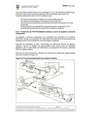 CONSTRUCCION DECONSTRUCCION DECONSTRUCCION DECONSTRUCCION DE CRITERIOS TÉCNICOS PARA ELCRITERIOS TÉCNICOS PARA ELCRITERIOS TÉCNICOS PARA ELCRITERIOS TÉCNICOS PARA EL
APROVECHAMIENTO Y VALORIZACIÓN DE RESIDUOD SÓLIDOS.APROVECHAMIENTO Y VALORIZACIÓN DE RESIDUOD SÓLIDOS.APROVECHAMIENTO Y VALORIZACIÓN DE RESIDUOD SÓLIDOS.APROVECHAMIENTO Y VALORIZACIÓN DE RESIDUOD SÓLIDOS.
Manual 3:Manual 3:Manual 3:Manual 3:
RESIDUOS ORGÁNICOS, PAPEL Y CARTÓN.RESIDUOS ORGÁNICOS, PAPEL Y CARTÓN.RESIDUOS ORGÁNICOS, PAPEL Y CARTÓN.RESIDUOS ORGÁNICOS, PAPEL Y CARTÓN.
- 74 -
PRIMERA PARTE: APROVPRIMERA PARTE: APROVPRIMERA PARTE: APROVPRIMERA PARTE: APROVECHAMIENTO Y VALORIZACIÓN DE RESIDUOS ORGANICOS CON ALTA TASA DE BIODEGRADBILIDADECHAMIENTO Y VALORIZACIÓN DE RESIDUOS ORGANICOS CON ALTA TASA DE BIODEGRADBILIDADECHAMIENTO Y VALORIZACIÓN DE RESIDUOS ORGANICOS CON ALTA TASA DE BIODEGRADBILIDADECHAMIENTO Y VALORIZACIÓN DE RESIDUOS ORGANICOS CON ALTA TASA DE BIODEGRADBILIDAD
epam s.a. e.s.p.Ministerio de Ambiente, Vivienda y
Desarrollo Territorial - FONAM -
Como se explico ampliamente en los numerales 2.2 y 2.3, las industrias papeleras que
introducen dentro de su proceso productivo, fibras recicladas, disminuyen sus
impactos ambientales sobre el entorno debido a que:
- Se reduce la demanda de madera y por ende la deforestación.
- Los requerimientos de agua y energía son mucho menores.
- Las emisiones atmosféricas y los vertimientos también se reducen en un alto
porcentaje.
- Ayuda a disminuir la cantidad de residuos destinados a disposición final
aumentando de esta forma la vida útil de los rellenos sanitarios.
2.6.2 Producción de TECTAN (Madera sintética) a partir de papeles y cartones
compuestos.
Los papeles y cartones compuestos, son materiales muy utilizados en la industria
alimenticia, ya que su composición de materiales mixtos permite el almacenamiento de
bebidas durante mucho tiempo de una forma segura y aséptica.
Este tipo de materiales, al estar conformados por diferentes láminas de plástico,
metales y cartón, no pueden ser aprovechados como insumo para las industrias
papeleras, por lo tanto deben ser destinados a la producción de nuevos materiales
como la madera sintética.
Este tipo de aprovechamiento, requiere de instalaciones industriales especializadas
como se muestra en la figura 24.
Figura 24. Proceso de fabricación de la madera sintética.
 