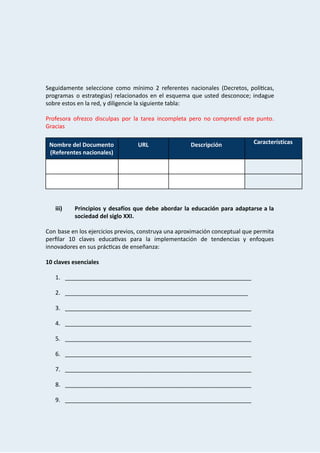 
 
Seguidamente seleccione como mínimo 2 referentes nacionales (Decretos, polí埅�cas,                 
programas o estrategias) relacionados en el esquema que usted desconoce; indague                     
sobre   estos   en   la   red,   y   diligencie   la   siguiente   tabla: 
 
Profesora ofrezco disculpas por la tarea incompleta pero no comprendí este punto.                       
Gracias 
 
Nombre   del   Documento 
(Referentes   nacionales) 
URL  Descripción   Características 
       
       
 
 
iii) Principios y desafíos que debe abordar la educación para adaptarse a la                       
sociedad   del   siglo   XXI. 
 
Con base en los ejercicios previos, construya una aproximación conceptual que permita                       
perﬁlar 10 claves educa埅�vas para la implementación de tendencias y enfoques                     
innovadores   en   sus   prác埅�cas   de   enseñanza: 
 
10   claves   esenciales 
 
1. __________________________________________________________ 
 
2. _________________________________________________________ 
 
3. __________________________________________________________ 
 
4. __________________________________________________________ 
 
5. __________________________________________________________ 
 
6. __________________________________________________________ 
 
7. __________________________________________________________ 
 
8. __________________________________________________________ 
 
9. __________________________________________________________ 
 