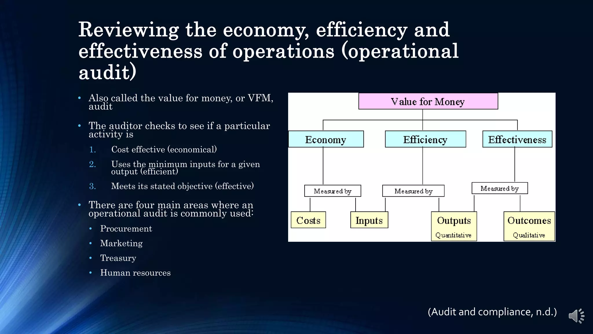 Reviewing the economy, efficiency and
effectiveness of operations (operational
audit)
• Also called the value for money, or VFM,
audit
• The auditor checks to see if a particular
activity is
1. Cost effective (economical)
2. Uses the minimum inputs for a given
output (efficient)
3. Meets its stated objective (effective)
• There are four main areas where an
operational audit is commonly used:
• Procurement
• Marketing
• Treasury
• Human resources
(Audit and compliance, n.d.)
 