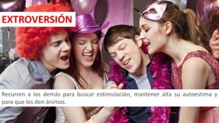 EXTROVERSIÓN
Recurren a los demás para buscar estimulación, mantener alta su autoestima y
para que les den ánimos.
21
 