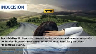 Son cohibidos, tímidos y nerviosos en contextos sociales, desean ser aceptados
por los demás, pero ala vez temen ser rechazados. Sensibles y emotivos.
Propensos a aislarse.
INDECISIÓN
Imagen recuperada de: https://rincondeltibet.com/blog/p-siempre-tendras-dos-caminos-que-podras-tomar-aqui-te-sugerimos-cual-te-
vendria-mejor-34359 34
 