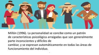 Millón (1996). La personalidad se concibe como un patrón
de características psicológica arraigadas que son generalmente
parte inconscientes y difíciles de
cambiar, y se expresan automáticamente en todas las áreas de
funcionamiento del individuo.
4
 