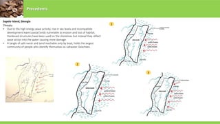 Precedents
Sapelo Island, Georgia
Threats:
• Due to the high energy wave activity, rise in sea levels and incompatible
development leave coastal lands vulnerable to erosion and loss of habitat.
Hardened structures have been used on the shorelines but instead they reflect
wave action into the water causing more damage.
• A tangle of salt marsh and sand reachable only by boat, holds the largest
community of people who identify themselves as saltwater Geechees.
1
2
3
 