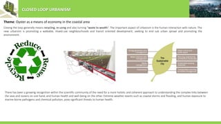 CLOSED LOOP URBANISM
Theme: Oyster as a means of economy in the coastal area
Closing the loop generally means recycling, re-using and also turning “waste to wealth”. The important aspect of Urbanism is the human interaction with nature. The
new urbanism is promoting a walkable, mixed-use neighbourhoods and transit oriented development, seeking to end sub urban sprawl and promoting the
environment.
There has been a growing recognition within the scientific community of the need for a more holistic and coherent approach to understanding the complex links between
the seas and oceans on one hand, and human health and well-being on the other. Extreme weather events such as coastal storms and flooding, and human exposure to
marine-borne pathogens and chemical pollution, pose significant threats to human health.
 