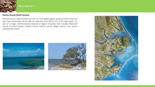 Pamlico Sound, North Carolina
Precedents
Pamlico Sound in North Carolina in the US is the largest lagoon along the North American
East coast, extending 129 km (80 mi) long and 24 to 48 km (15 to 20 miles) wide. It is
part of a large, interconnected network of lagoon estuaries that includes Albemarle
Sound, Currituck Sound, Croatan Sound, Pamlico Sound, Bogue Sound, Core Sound,
and Roanoke Sound.
 