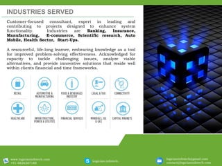 INDUSTRIES SERVED
Customer-focused consultant, expert in leading and
contributing to projects designed to enhance system
functionality. Industries are Banking, Insurance,
Manufacturing, E-commerce, Scientific research, Auto
Mobile, Health Sector, Start-Ups.
A resourceful, life-long learner, embracing knowledge as a tool
for improved problem-solving effectiveness. Acknowledged for
capacity to tackle challenging issues, analyze viable
alternatives, and provide innovative solutions that reside well
within clients financial and time frameworks.
www.logicianinfotech.com
+91-9826387188
Logician.infotech.
logicianinfotech@gmail.com
contact@logicianinfotech.com
 