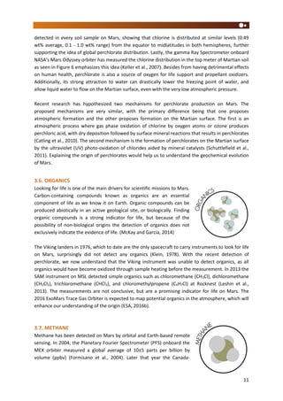11
detected in every soil sample on Mars, showing that chlorine is distributed at similar levels (0.49
wt% average, 0.1 - 1.0 wt% range) from the equator to midlatitudes in both hemispheres, further
supporting the idea of global perchlorate distribution. Lastly, the gamma Ray Spectrometer onboard
NASA's Mars Odyssey orbiter has measured the chlorine distribution in the top meter of Martian soil
as seen in Figure 6 emphasizes this idea (Keller et al., 2007). Besides from having detrimental effects
on human health, perchlorate is also a source of oxygen for life support and propellant oxidizers.
Additionally, its strong attraction to water can drastically lower the freezing point of water, and
allow liquid water to flow on the Martian surface, even with the very low atmospheric pressure.
Recent research has hypothesized two mechanisms for perchlorate production on Mars. The
proposed mechanisms are very similar, with the primary difference being that one proposes
atmospheric formation and the other proposes formation on the Martian surface. The first is an
atmospheric process where gas phase oxidation of chlorine by oxygen atoms or ozone produces
perchloric acid, with dry deposition followed by surface mineral reactions that results in perchlorates
(Catling et al., 2010). The second mechanism is the formation of perchlorates on the Martian surface
by the ultraviolet (UV) photo-oxidation of chlorides aided by mineral catalysts (Schuttlefield et al.,
2011). Explaining the origin of perchlorates would help us to understand the geochemical evolution
of Mars.
3.6. ORGANICS
Looking for life is one of the main drivers for scientific missions to Mars.
Carbon-containing compounds known as organics are an essential
component of life as we know it on Earth. Organic compounds can be
produced abiotically in an active geological site, or biologically. Finding
organic compounds is a strong indicator for life, but because of the
possibility of non-biological origins the detection of organics does not
exclusively indicate the evidence of life. (McKay and García, 2014)
The Viking landers in 1976, which to date are the only spacecraft to carry instruments to look for life
on Mars, surprisingly did not detect any organics (Klein, 1978). With the recent detection of
perchlorate, we now understand that the Viking instrument was unable to detect organics, as all
organics would have become oxidized through sample heating before the measurement. In 2013 the
SAM instrument on MSL detected simple organics such as chloromethane (CH3Cl), dichloromethane
(CH2Cl2), trichloromethane (CHCl3), and chloromethylpropene (C4H7Cl) at Rocknest (Leshin et al.,
2013). The measurements are not conclusive, but are a promising indicator for life on Mars. The
2016 ExoMars Trace Gas Orbiter is expected to map potential organics in the atmosphere, which will
enhance our understanding of the origin (ESA, 2016b).
3.7. METHANE
Methane has been detected on Mars by orbital and Earth-based remote
sensing. In 2004, the Planetary Fourier Spectrometer (PFS) onboard the
MEX orbiter measured a global average of 10±5 parts per billion by
volume (ppbv) (Formisano et al., 2004). Later that year the Canada-
 