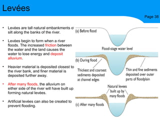Levées Page 38 Levées are tall natural embankments of silt along the banks of the river. Levées begin to form when a river floods. The increased  friction  between the water and the land causes the water to lose energy and  deposit alluvium . Heavier material is deposited closest to the river bank, and finer material is deposited further away. After many floods,  the alluvium on either side of the river will have built up, forming natural levées. Artificial levées can also be created to prevent flooding. 
