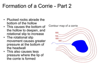 Formation of a Corrie - Part 2 Plucked rocks abrade the bottom of the hollow This causes the bottom of the hollow to deepen, and rotational slip to increase The rotational slip movement causes greater pressure at the bottom of the headwall This also causes less pressure where the lip of the corrie is formed 