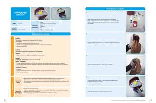 28 29
Guia de Atividades de Expressão e Educação Plástica © Santillana-Constância
Enquadramento curricular
Bloco 1
Descoberta e organização progressiva de volumes
Construções
•	
Ligar/colar elementos para uma construção.
•	
Inventar novos objetos utilizando materiais ou objetos recuperados.
•	
Construir fantoches.
Bloco 2
Descoberta e organização progressiva de superfícies
Desenho
•	
Utilizar livremente a régua, o esquadro e o compasso.
Bloco 3
Exploração de técnicas diversas de expressão
Recorte e colagem
•	
Explorar as possibilidades de diferentes materiais: elementos naturais, lãs, tecidos, objetos
recuperados, papel colorido, rasgando, desfiando, recortando, procurando formas, cores, texturas
e espessuras.
Tecelagem e costura
•	
Entrançar.
•	
Desfazer diferentes texturas: tecidos, malhas, cordas, elementos naturais.
•	
Bordar pontos simples.
Programa
FANTOCHES
DE MEIA
Saber
fazer
Educação
Visual
•	
Reconhecer e experimentar representações bidimensionais e tridimensionais.
•	
Reconhecer o seu corpo e explorar a representação da figura humana.
•	
Relacionar as formas naturais e construídas com as suas funções e os materiais que
as constituem.
•	
Realizar medições simples.
•	
Análise e aplicação do movimento e mecanismo: identificar o movimento em objetos
simples comuns no quotidiano.
•	
Descrever o tipo e a função do movimento em objetos comuns.
Educação
Tecnológica
Procedimento de trabalho
Materiais
necessários
•	
Meia
•	
Cartolinas de cores variadas
•	
Cola
•	
Tesoura
•	
Lã
•	
Agulha
•	
Régua, compasso, lápis
Anos 3.º e 4.º
Tempo
estimado
120 minutos
Desenhar e recortar em cartolina de cores diferentes:
duas meias luas para a boca; uma língua; um triângulo para
o nariz; dois círculos para os olhos e duas meias luas para
as orelhas.
Enfiar a mão na meia para ter a noção de onde se deve colar
a boca, o nariz, etc.
Colar os elementos: boca, olhos, nariz, orelhas.
Fazer o cabelo de lã, ráfia… com a ajuda da agulha: fazer
o cabelo de baixo para cima.
Podemos entrançar o cabelo, fazer franja, etc.
1
2
3
4
5
 