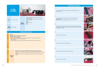 32 33
Guia de Atividades de Expressão e Educação Plástica © Santillana-Constância
Enquadramento curricular
Bloco 3
Exploração de técnicas diversas de expressão
Recorte, colagem e dobragem
•	
Explorar as possibilidades de diferentes materiais: papel colorido, recortando, dobrando
e procurando formas, texturas e espessuras.
•	
Fazer dobragens.
•	
Explorar a terceira dimensão, a partir da superfície, destacando figuras e pondo-as de pé.
Programa
Materiais
necessários
•	
Papel para dobragem (castanho, castanho claro,
cinzento e branco)
•	
Molde para as cabeças, as pernas e as caudas
do cão e do gato
•	
Cola
•	
Tesoura
•	
Elástico vermelho
•	
Guizo
•	
Arame
Anos 1.º, 2.º, 3.º e 4.º
Tempo
estimado
120 minutos
O CÃO
E O GATO
Saber
fazer
Educação
Visual
•	
Reconhecer e experimentar representações bidimensionais e tridimensionais.
•	
Conhecer e aplicar os elementos visuais — linha, cor, textura, forma, plano, luz,
volume — e a sua relação com as imagens disponíveis no património artístico, cultural
e natural.
•	
Criar formas a partir da sua imaginação utilizando intencionalmente os elementos
visuais.
Procedimento de trabalho
Para o cão: cortar duas tiras de papel, com 2 cm de largura e 33 cm
de comprimento.
Para o gato: cortar 2 tiras de papel, com 2 cm de largura e 31 cm
de comprimento.
Nota: Podemos utilizar papéis de revistas, jornais, lustro, etc.
Desenhar e recortar quatro vezes os moldes para as pernas, duas vezes
para a cabeça, a cauda e as orelhas, deixando uma parte para a dobragem
e colagem ao harmónio.
Dobrar as tiras em harmónio.
Colar um molde ao outro: cabeça e cauda.
Colar a cabeça, as pernas e a cauda ao harmónio.
Desenhar os olhos e a boca.
1
2
3
4
5
6
7
 