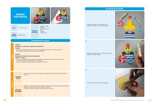 34 35
Guia de Atividades de Expressão e Educação Plástica © Santillana-Constância
Enquadramento curricular
Bloco 2
Descoberta e organização progressiva de superfícies
Desenho
•	
Explorar as possibilidades técnicas de: lápis de grafite, lápis de cor, utilizando suportes
de tamanhos, espessuras, texturas e cores diferentes.
Bloco 3
Exploração de técnicas diversas de expressão
Recorte e colagem
•	
Explorar as possibilidades de diferentes materiais: elementos naturais, tecidos, recortando
e procurando formas, cores texturas e espessuras.
•	
Fazer composições colando diferentes materiais recortados.
Programa
Materiais
necessários
•	
Molas da roupa
•	
Tecidos
•	
Cartolinas de cor
•	
Cola
•	
Tesoura
•	
Lápis de cor
Anos 1.º, 2.º, 3.º e 4.º
Tempo
estimado
120 minutos
AMIGOS
COM MOLAS
Saber
fazer
Educação
Visual
•	
Criar formas a partir da sua imaginação utilizando intencionalmente os elementos
visuais.
•	
Realizar a construção de objetos simples utilizando processos e técnicas elementares.
•	
Distinguir materiais naturais de materiais artificiais.
•	
Conhecer a origem de alguns materiais básicos comuns.
Educação
Tecnológica
Procedimento de trabalho
Desenhar a figura e os elementos que
compõem o boneco no verso da cartolina.
Recortar os elementos em cartolinas e tecidos
diferentes e colar à figura.
Colar a mola da roupa no verso da figura.
1
2
3
 