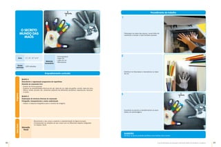 48 49
Guia de Atividades de Expressão e Educação Plástica © Santillana-Constância
Enquadramento curricular
Bloco 2
Descoberta e organização progressiva de superfícies
Desenho de expressão livre
•	
Ilustrar de forma pessoal.
•	
Explorar as possibilidades técnicas de: giz, lápis de cor, lápis de grafite, carvão, lápis de cera,
feltros, tintas, pincéis, etc, utilizando suportes de diferentes tamanhos, espessuras, texturas
e cores.
Bloco 3
Exploração de técnicas diversas de expressão
Fotografia, transparências e meios audiovisuais
•	
Utilizar a máquina fotográfica para a recolha de imagens.
Programa
Saber
fazer
Educação
Visual
•	
Reconhecer o seu corpo e explorar a representação da figura humana.
•	
Compreender as relações do seu corpo com os diferentes objetos integrados
no espaço visual.
Procedimento de trabalho
O SECRETO
MUNDO DAS
MAÕS
SUGESTÃO
No final, os alunos poderão partilhar a sua história com a turma.
Fotocopiar as mãos dos alunos, numa folha A4,
mantendo a tampa o mais fechada possível.
Distribuir as fotocópias e marcadores ou lápis
de cor.
Incentivar os alunos a transformarem os seus
dedos em personagens.
1
2
3
Materiais
necessários
•	
Fotocopiadora
•	
Papel A4
•	
Lápis de cor
•	
Marcadores
Anos 1.º, 2.º, 3.º e 4.º
Tempo
estimado
120 minutos
 