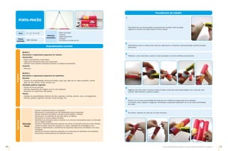 60 61
Guia de Atividades de Expressão e Educação Plástica © Santillana-Constância
Programa
Enquadramento curricular
Bloco 1
Descoberta e organização progressiva de volumes
Construções
•	
Fazer e desmanchar construções.
•	
Ligar/colar elementos para uma construção.
•	
Inventar novos objetos utilizando materiais ou objetos recuperados.
Construir
•	
Adereços.
Bloco 2
Descoberta e organização progressiva de superfícies
Desenho
•	
Explorar as possibilidades técnicas de dedos, paus, giz, lápis de cor, lápis de grafite, carvão,
lápis de cera, feltros, tintas, pincéis, etc.
Atividades gráficas sugeridas
•	
Ilustrar de forma pessoal.
•	
Inventar sequências de imagens com ou sem palavras.
•	
Desenhar em superfícies não planas.
Pintura
•	
Explorar as possibilidades técnicas de mão, esponjas, trinchas, pincéis, rolos, com pigmentos
naturais, guache, aguarela, anilinas, tintas de água, etc.
PORTA-PINCÉIS
Saber
fazer
Educação
Visual
•	
Ilustrar visualmente temas e situações.
•	
Reconhecer a importância de não desperdiçar bens essenciais.
•	
Utilizar materiais reciclados e reciclar outros (papéis, cartões).
•	
Reconhecer os materiais de que são feitos os objetos.
•	
Desmontar e montar objetos simples.
•	
Identificar as principais ações a realizar e os recursos necessários para a construção
de um objeto simples.
•	
Construir pequenas estruturas através de meios e processos técnicos muito simples
(tubos de papel, perfis de cartolina ou cartão, utilização de embalagens, etc.).
•	
Ensaiar e experimentar a resistência de pequenas estruturas concebidas com essa
finalidade.
•	
Identificar diversos materiais aplicados na construção de artefactos do quotidiano.
•	
Reconhecer características de materiais comuns.
Procedimento de trabalho
Materiais
necessários
•	
Rolos de Papel
•	
Tesoura
•	
PApel decorativo
•	
Cola gel
•	
Fio Norte ou corda de cor
Anos 1.º, 2.º, 3.º e 4.º
Tempo
estimado
180 minutos
Distribuímos mais ou menos seis rolos por cada aluno e iniciamos a personalização através de papel
decorativo.
2
Pegamos em dois rolos e furamos cada um deles numa das suas extremidades com o bico de uma
tesoura. Não furamos o extremo oposto.
4
Damos um nó numa extremidade da corda de cor e fazêmo-la passar pelo furo realizado
no primeiro rolo e depois no segundo, terminando a operação realizando um nó na outra extremidade
da corda.
5
Por último, colamos os rolos por um dos extremos.
6
Podemos, como alternativa, pintar os rolos baseados num tema definido previamente.
3
Para fazermos um porta-pincéis começamos por recolher rolos de papel
higiénico e verificar se estão todos em bom estado.
1
 