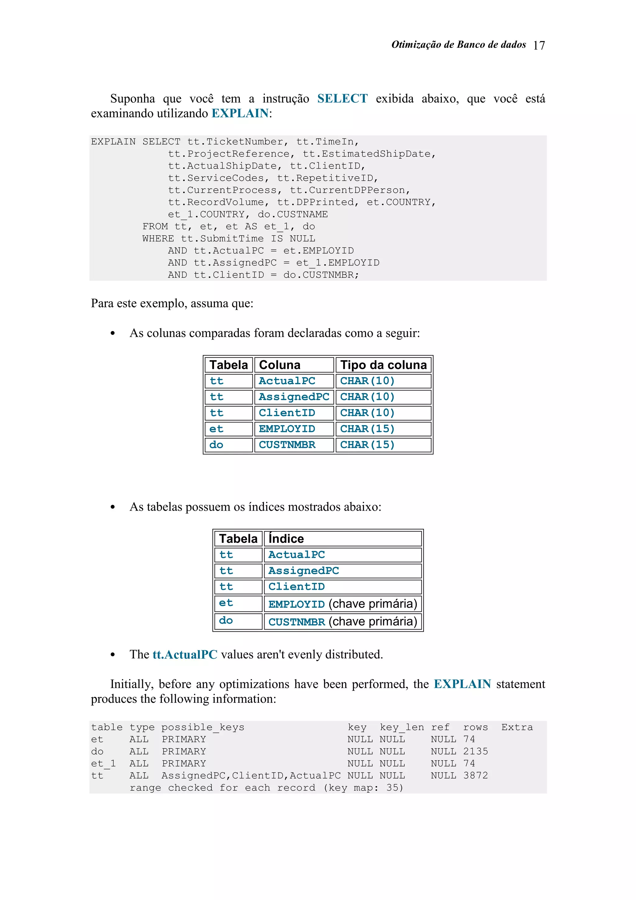 Otimização de Banco de dados 17
Suponha que você tem a instrução SELECT exibida abaixo, que você está
examinando utilizando EXPLAIN:
EXPLAIN SELECT tt.TicketNumber, tt.TimeIn,
tt.ProjectReference, tt.EstimatedShipDate,
tt.ActualShipDate, tt.ClientID,
tt.ServiceCodes, tt.RepetitiveID,
tt.CurrentProcess, tt.CurrentDPPerson,
tt.RecordVolume, tt.DPPrinted, et.COUNTRY,
et_1.COUNTRY, do.CUSTNAME
FROM tt, et, et AS et_1, do
WHERE tt.SubmitTime IS NULL
AND tt.ActualPC = et.EMPLOYID
AND tt.AssignedPC = et_1.EMPLOYID
AND tt.ClientID = do.CUSTNMBR;
Para este exemplo, assuma que:
• As colunas comparadas foram declaradas como a seguir:
Tabela Coluna Tipo da coluna
tt ActualPC CHAR(10)
tt AssignedPC CHAR(10)
tt ClientID CHAR(10)
et EMPLOYID CHAR(15)
do CUSTNMBR CHAR(15)
• As tabelas possuem os índices mostrados abaixo:
Tabela Índice
tt ActualPC
tt AssignedPC
tt ClientID
et EMPLOYID (chave primária)
do CUSTNMBR (chave primária)
• The tt.ActualPC values aren't evenly distributed.
Initially, before any optimizations have been performed, the EXPLAIN statement
produces the following information:
table type possible_keys key key_len ref rows Extra
et ALL PRIMARY NULL NULL NULL 74
do ALL PRIMARY NULL NULL NULL 2135
et_1 ALL PRIMARY NULL NULL NULL 74
tt ALL AssignedPC,ClientID,ActualPC NULL NULL NULL 3872
range checked for each record (key map: 35)
 