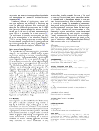 permeation was superior in nano-emulsion formulation
and photostability was considerably improved in nano-
suspension [43].
Transdermal delivery of methotrexate coated with
non-ionic surfactant and stabilized by l-arginine was
tested by solid-in-oil technique. The transdermal effi-
ciency for the solid-in-oil nanosuspension was 2–3 folds
than the control aqueous solution. On account of smaller
particle size (< 100 nm), the oil-based nanosuspension is
more efficient in permeating the stratum corneum [91].
The performance of ibuprofen nanosuspension and effect
of varying concentrations of the solubilizer, Vitamin E
TPGS to increase the permeation rate across the skin has
been investigated. It was found that the entire transdermal
permeation across the skin was mainly dictated by the size
of nanoparticles and concentration of solubilizer [20].
Future perspectives and challenges
The future prospects of nanosuspension are encouraging
since they can contribute as a valuable tool for product
development scientists to overcome various formulation
and drug delivery challenges particularly with intractable
drugs. Regardless of the several published research in
the area of nanosuspension, the critical aspects of stabil-
ity issue pertaining to nanosuspension is still unresolved.
The stabilization capability of the electrostatic and steric
stabilizers and its relationship with the properties APIs,
attainable maximum particle size and resulting physical
stability are the critical factors need to be further investi-
gated. Advancement in biotechnology and aid of modifi-
cation tools such as antibody-drug conjugate and
nanobodies will probably create subcutaneously adminis-
tered, high concentration monoclonal (mAb) and biosi-
milar products with enhanced biopharmaceutical and
safety characteristics. Recently, Johnston et al. [33] have
developed biologically active, nanocluster dispersions of
antibodies in solution (~ 250 mg/ml) using carbohydrate
stabilizers like trehalose. Future development of enabling
technologies like nanosuspension will provide technical
solutions to many formulation challenges currently faced
by protein and peptide based drugs.
Conclusions
Nanosuspension can be considered as the best formula-
tion option for inflexible hydrophobic drugs restricted by
high log P, molecular weight, melting point and dose.
Conventional size reduction operations such as wet mill-
ing and homogenization and formulation approaches such
as precipitation, emulsion-solvent evaporation, solvent dif-
fusion and microemulsion techniques can be successfully
utilized to prepare and scale-up nanosuspensions. Sub-
stantial improvement of bioavailability due to increased
saturation and intrinsic solubility, appreciable mucoadhe-
sivity, adaptability for surface modification in drug
targeting have broadly expanded the scope of this novel
formulation. Nanosuspension has the potential to consider
as a valuable tool for formulation scientist to overcome
many formulation and drug delivery challenges pertaining
to various drug entities. The application of nanosuspen-
sions in oral, ocular and pulmonary drug delivery systems
have been extensively researched during the last few de-
cades. Further, utilization of nanosuspensions in other
drug delivery systems such as brain, topical, buccal, nasal
and transdermal routes are under extensive investigation.
Though nanosuspension has received serious consider-
ation from pharmaceutical scientists, the exact mecha-
nisms of stabilization, solidifications and redispersibility of
dried nanosuspension are yet to be explored.
Abbreviations
AUC: Area under plasma-drug concentration time profile;
BCS: Biopharmaceutical Classification System; Cmax: Maximum concentration
of drug; EPR: Enhanced Permeation and Retention Effects; FDA: Food and
Drug Administration; GRAS: Generally regarded as safe; HEC: Hydroxyethyl
cellulose; HPC: Hydroxypropyl cellulose; HPMC: Hydroxypropyl methyl
cellulose; PVA: Polyvinyl alcohol; Vitamin E TPGS: D-α-Tocopheryl
polyethylene glycol 1000 succinate; XRD: X-Ray diffractometer
Acknowledgements
The authors are highly thankful to College of Pharmacy, Gulf Medical
University, Ajman, United Arab Emirates for support.
Statement of human and animal rights
This article does not contain any studies with human and animal subjects
performed by any of the authors.
Authors’ contributions
JS designed, drafted, and critically reviewed the manuscript; ABN participated
in designing the study and critically reviewed the manuscript; JS contributed
to the writing of the manuscript. JS and AN conceived the idea and
organized the main content. JS, AN and JS has contributed in writing-
original draft, review and editing. All authors have read the prepared papers
and approved the final manuscripts.
Funding
No sources of funding were used to conduct this study or prepare this
manuscript.
Availability of data and materials
Please contact author for data requests.
Ethics approval and consent to participate
Not applicable.
Consent for publication
Not applicable.
Competing interest
The authors declare that they have no competing interests.
Author details
1
Department of Pharmaceutical Sciences, College of Pharmacy, Gulf Medical
University, Ajman, UAE. 2
Department of Pharmaceutical Sciences, College of
Clinical Pharmacy, King Faisal University, Al-Ahsa, Saudi Arabia. 3
Department
of Pharmaceutics, Institute of Pharmacy, Nirma University, Ahmedabad,
Gujarat, India.
Jacob et al. Biomaterials Research (2020) 24:3 Page 13 of 16
 