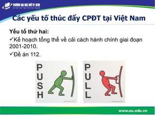 Các yếu tố thúc đẩy CPĐT tại Việt Nam
Yếu tố thứ hai:
Kế hoạch tổng thể về cải cách hành chính giai đoạn
2001-2010.
Đề án 112.
 