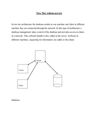 Two Tier (client-server)
In two tier architecture the database resides in one machine and client in different
machine they are connected through the network. In this type of architecture a
database management takes control of the database and provides access to clients
in a network. This software bundle is also called as the server. Software in
different machines, requesting for information are called as the clients
Database
Server
Client
Client
 