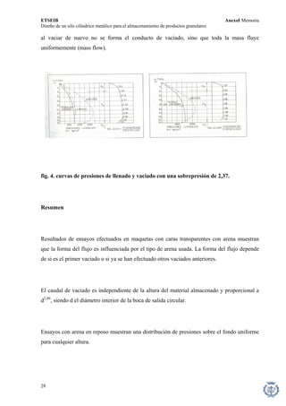 ETSEIB AnexoI Memoria 
Diseño de un silo cilíndrico metálico para el almacenamiento de productos granulares 
al vaciar de nuevo no se forma el conducto de vaciado, sino que toda la masa fluye uniformemente (mass flow). 
fig. 4. curvas de presiones de llenado y vaciado con una sobrepresión de 2,37. 
Resumen 
Resultados de ensayos efectuados en maquetas con caras transparentes con arena muestran que la forma del flujo es influenciada por el tipo de arena usada. La forma del flujo depende de si es el primer vaciado o si ya se han efectuado otros vaciados anteriores. 
El caudal de vaciado es independiente de la altura del material almacenado y proporcional a d2,86, siendo d el diámetro interior de la boca de salida circular. 
Ensayos con arena en reposo muestran una distribución de presiones sobre el fondo uniforme para cualquier altura. 
28 
 