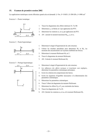 15.    Examen de première session 2002
Les applications numériques seront effectuées quand cela est demandé. L=5m ; F=10 KN ; E=200 GPa ; I=1000 cm4

Exercice 1 – Poutre isostatique

                               y
                                                          1.   Tracer les diagrammes des efforts intérieurs N, T et M.
                                          x               2.   Déterminer y3, la flèche en 3 par application du PTV.
                       F
        1                                         2       3.   Déterminer les rotations ω1 et ω2 par application du PTV.
                   3                                      4.   AN : calculer le moment maximum Mmax, y3 et ω1.
             L/3                   2L/3


Exercice 2 – Poutre hyperstatique

                                                          1.   Déterminer le degré d’hyperstaticité de cette structure.
                       F
                                                          2.   Utiliser les résultats précédents pour déterminer M1 et M2, les
         1                                    2
                                                               moments des encastrements sur la poutre (méthode des forces).
                   3
             L/3                   2L/3                   3.   Déterminer le moment fléchissant M3 en 3.
                                                          4.   Tracer le diagramme du moment fléchissant.
                                                          5.   AN : Calculer le moment fléchissant M3.

Exercice 3 – Portique hyperstatique
             L/3                   2L/3                   1.   Déterminer le degré d’hyperstaticité de cette structure.

                       F                                  2.   Les influences des efforts normaux et tranchants sont négligées,
         1                                        2            déterminer les paramètres cinématiques principaux.
                   3                                      3.   Ecrire les relations de comportement des barres.
                                                          4.   Ecrire les équations d’équilibre nécessaires à la détermination des
                                                               paramètres cinématiques.
              y                                       L   5.   Déterminer les paramètres cinématiques.
                                                          6.   Tracer l’allure du diagramme du moment fléchissant.
                           x
                                                          7.   Déterminer les efforts Nij et Tij aux extrémités des barres.
                                              4           8.   Tracer les diagrammes de T et N.
                                                          9.   AN: Calculer les rotations ω2 et ω4 et le moment fléchissant M3.




                                                                       - 23 -
 