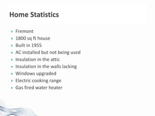 Wasted energyFremont1800 sq ft houseBuilt in 1955AC installed but not being usedInsulation in the atticInsulation in the walls lackingWindows upgradedElectric cooking rangeGas fired water heaterHome Statistics