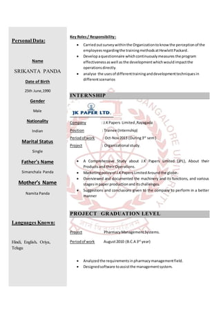 PersonalData:
Name
SRIKANTA PANDA
Date of Birth
25th June,1990
Gender
Male
Nationality
Indian
Marital Status
Single
Father’s Name
Simanchala Panda
Mother’s Name
Namita Panda
Languages Known:
Hindi, English. Oriya,
Telugu
Key Roles/ Responsibility:
 Carriedoutsurveywithinthe Organizationtoknow the perceptionof the
employeesregardingthe trainingmethodsatHewlettPackard.
 Develop aquestionnaire whichcontinuouslymeasures the program
effectivenessaswell as the developmentwhich wouldimpactthe
operationsdirectly.
 analyse the usesof differenttraininganddevelopmenttechniquesin
differentscenarios
INTERNSHIP
Company : J.K Papers Limited,Rayagada
Position : Trainee (Internship)
Periodof work : Oct-Nov2013 (During3rd
sem)
Project : Organizational study.
 A Comprehensive Study about J.K Papers Limited (JPL), About their
Productsand theirOperations.
 Marketingpolicyof J.KPapersLimitedAroundthe globe.
 Overviewed and documented the machinery and its functions, and various
stagesinpaper productionanditschallenges.
 Suggestions and conclusions given to the company to perform in a better
manner
PROJECT GRADUATION LEVEL
Project Pharmacy ManagementSystems.
Periodof work August2010 (B.C.A 3rd
year)
 Analyzedthe requirementsinpharmacymanagementfield.
 Designedsoftware toassistthe managementsystem.
 