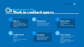 Health & Safety Plan 20
Objective
Define safe work in
excavations, tanks, vessels,
pipes, ducts and places without
fresh air.The guidline is valid for
all functions
01
Requirements
Work under supervisor
Workers recognize the hazards
Take protective measures
Employees are duly instructed
02
Workexamples
Paint spraying
Extensive preheating
Welding
Use of cleaning fluids (solvents)
03
Possible Hazards
Asphyxiation
Explosions
Fire
Oxygen enrichment or deficiency
Dust & fumes
noise
04
Precautions
Permission to start
Communication to all parties
Usage of appropriate PPE
Maintaining during work
05
Health & Safety Plan
Workin confined spaces
06
Safety Measures
If access to the area is in a danger
area specific measures are
required
Permanenet surveilance
Communication between parties
Safety harness or drive in
equipmen
 